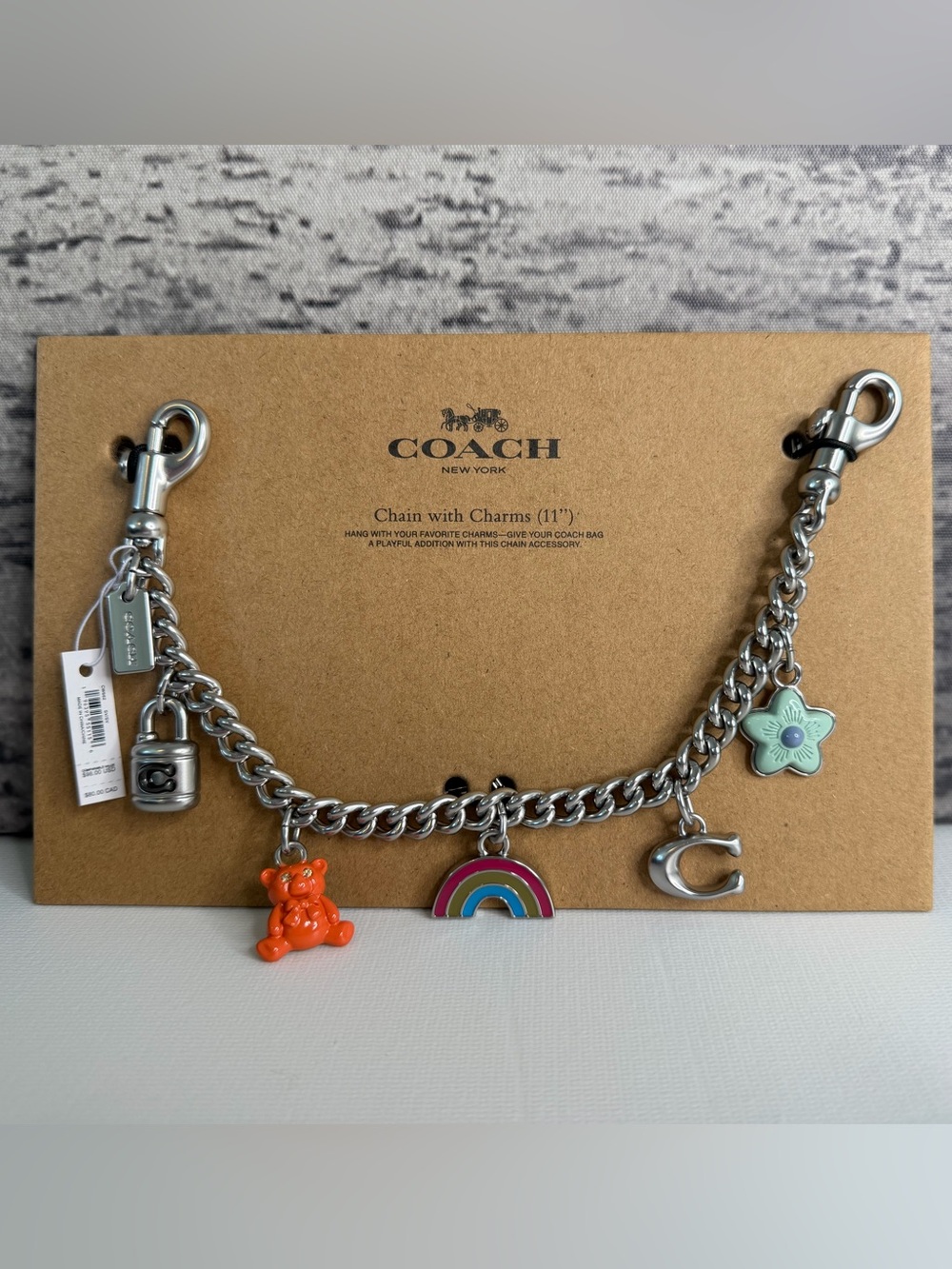 NWT Coach Motif Bag Chain Charm Lock Bear Rainbow Wildflower Silver CW662